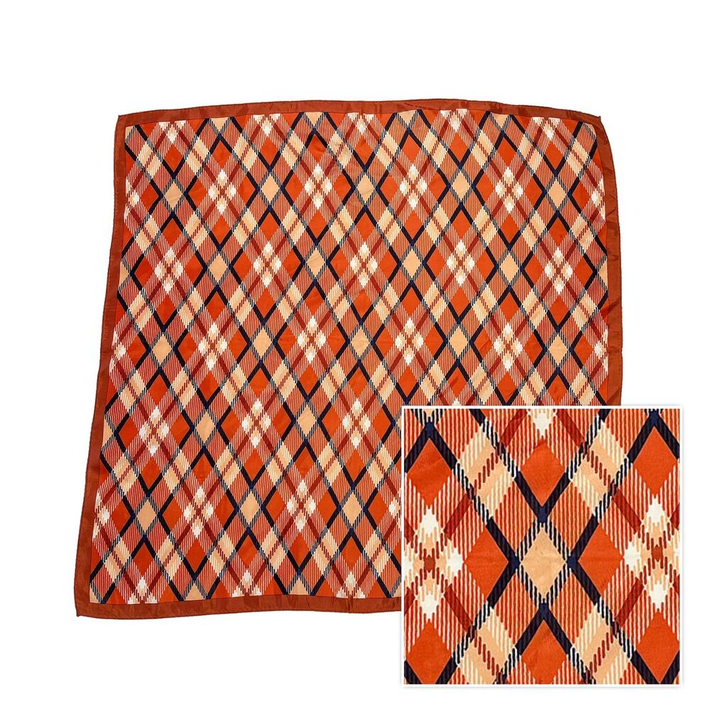VTG 60s MCM Glentex Square Scarf 27" Argyle Plaid Orange Navy Blue Acetate Japan